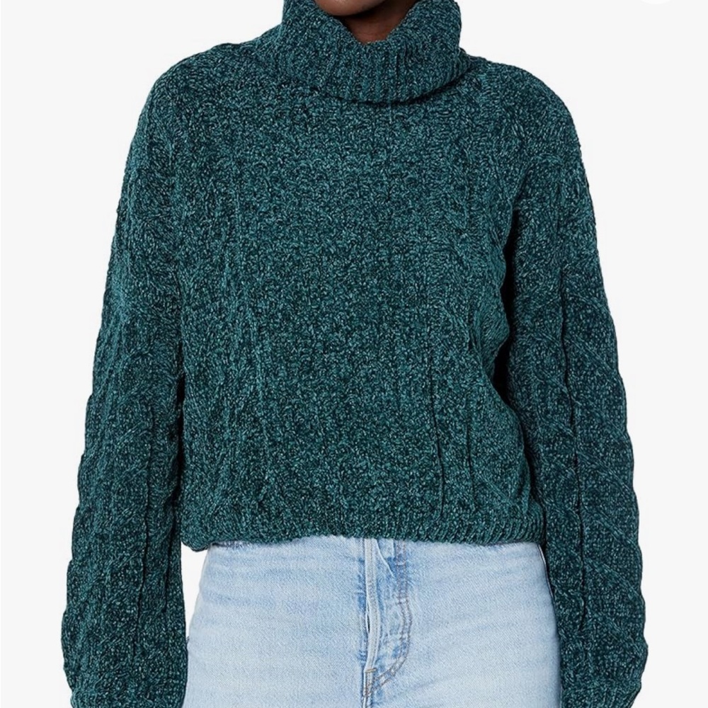 [BLANKNYC] Womens Chenile Braided Cable Pullover Sweater, Enchanted Forest